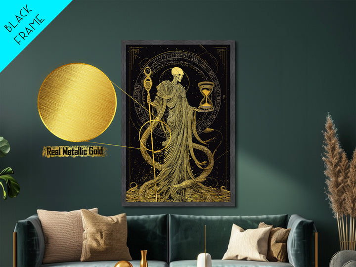 Chronos Metallic Gold Metal Print, Mythological Skeleton Holding Hourglass, Esoteric Wall Art, Real Wood Framed Artwork