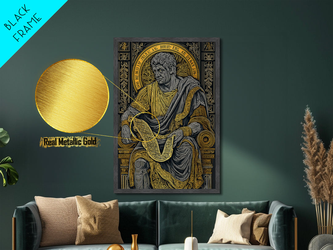 Cicero Metallic Gold Metal Print, Roman Philosopher Scroll Portrait, Stoic Thinker Artwork, Real Wood Frame Home Decor