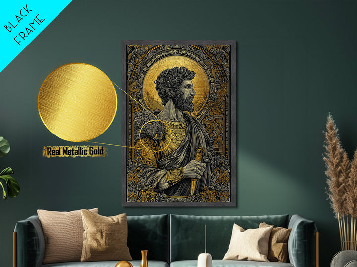 Commodus Metallic Gold Metal Print, Roman Emperor With Sword Portrait, Historical Warrior Wall Art, Real Wood Framed Piece