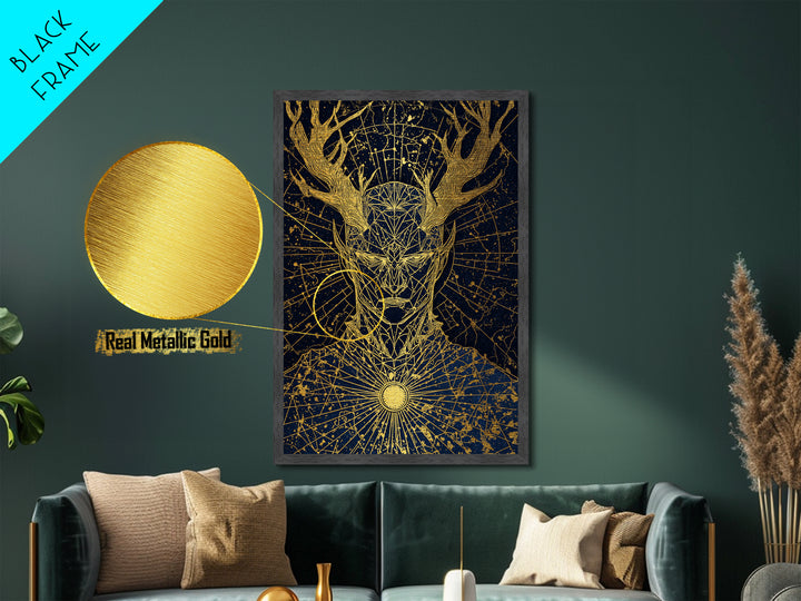 Geometric Antler God Artwork, Metallic Gold Art Print, Mythology Constellation Wall Decor, Cosmic Style, Real Wood Frame