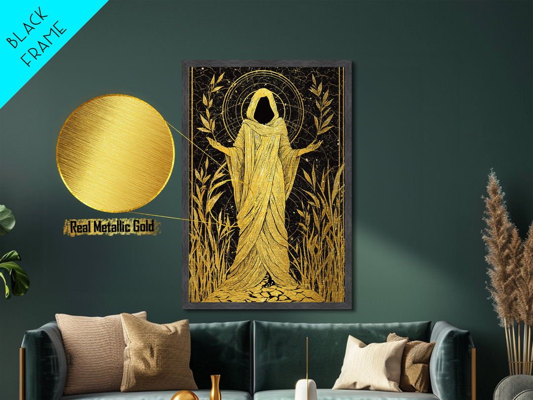 Mystical Hooded Figure Artwork, Metallic Gold Art Print, Mythology Spiritual Wall Decor, Divine Goddess Style, Real Wood Frame