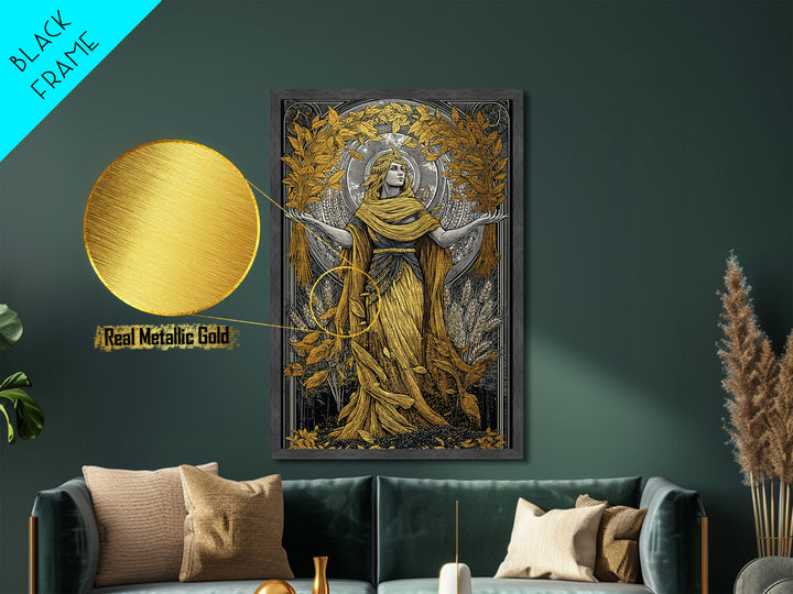 Harvest Goddess Artwork, Metallic Gold Art Print, Ancient Mythology Wall Decor, Wheat and Leaves Motif, Real Wood Frame Display
