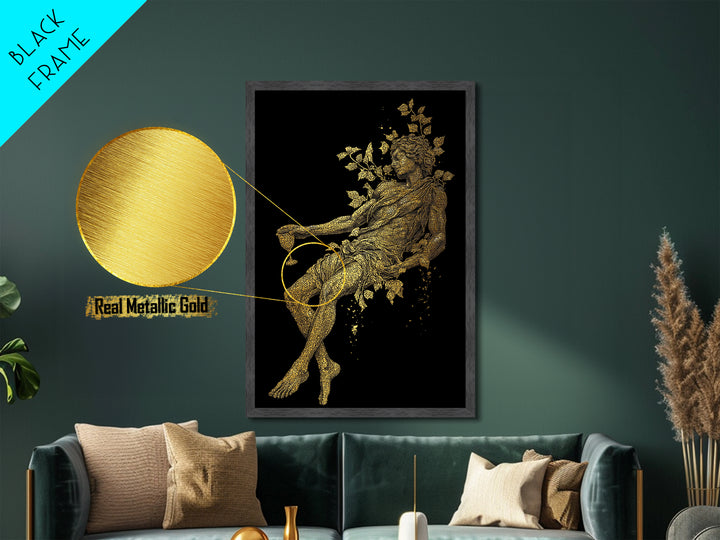 Resting God With Wine Artwork, Metallic Gold Metal Print, Mythology Dionysus Inspired Wall Art, Mosaic Style, Real Wood Frame