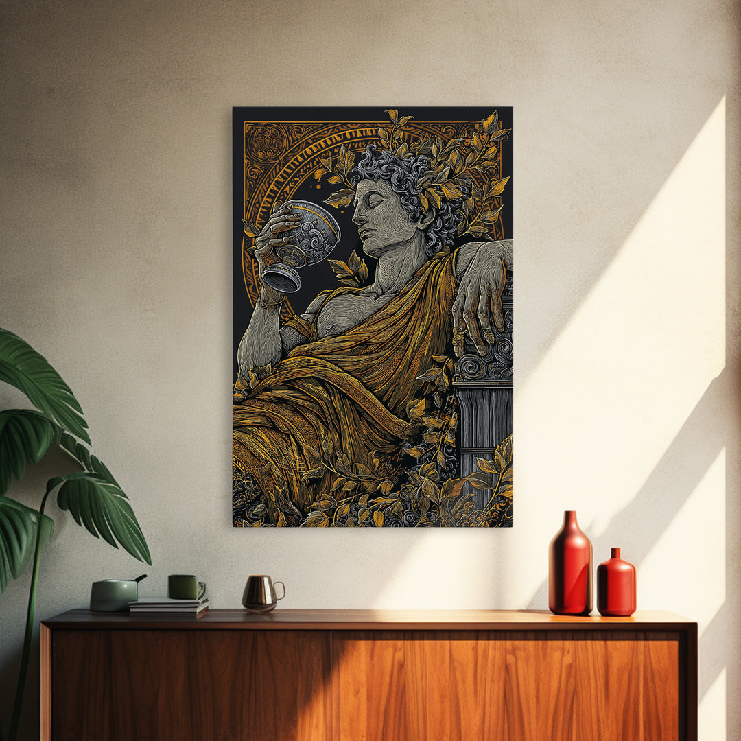 Reclining God With Chalice Artwork, Canvas Gold Art Print, Mythology Inspired Wall Decor, Classical Greek Style, Real Wood Frame
