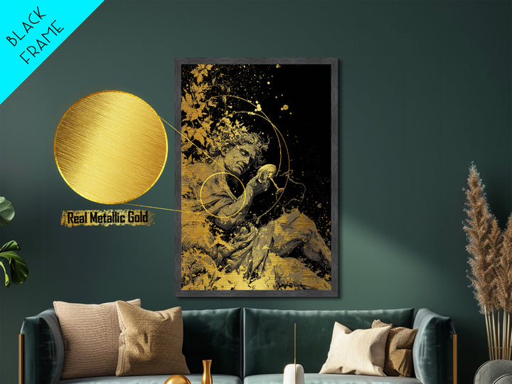 Mythology God Drinking Artwork, Metallic Gold Metal Print, Ancient Dionysus Inspired Wall Art, Wine Motif Decor, Real Wood Frame