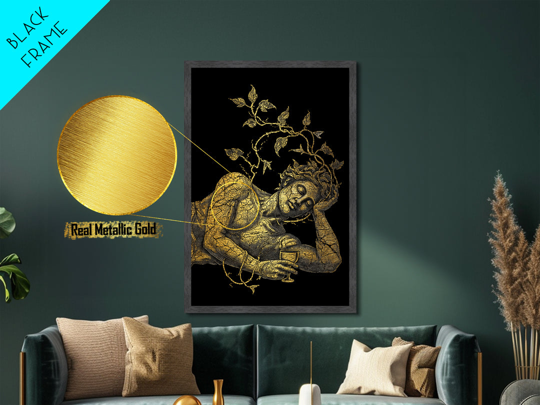 Sleeping God With Vines Artwork, Metallic Gold Art Print, Mythology Dionysus Inspired Wall Decor, Mosaic Style, Real Wood Frame
