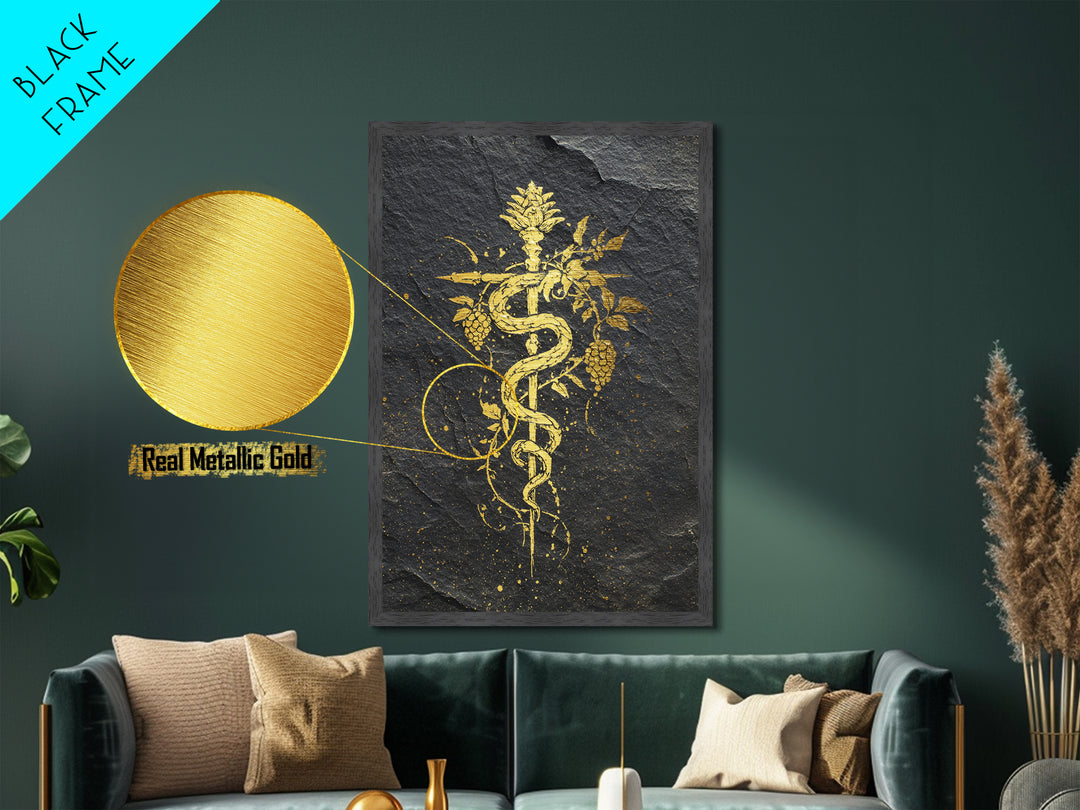 Mythical Serpent Staff Metallic Gold Metal Print, Ancient Symbolic Snake Art, Luxury Decor With Real Wood Frame