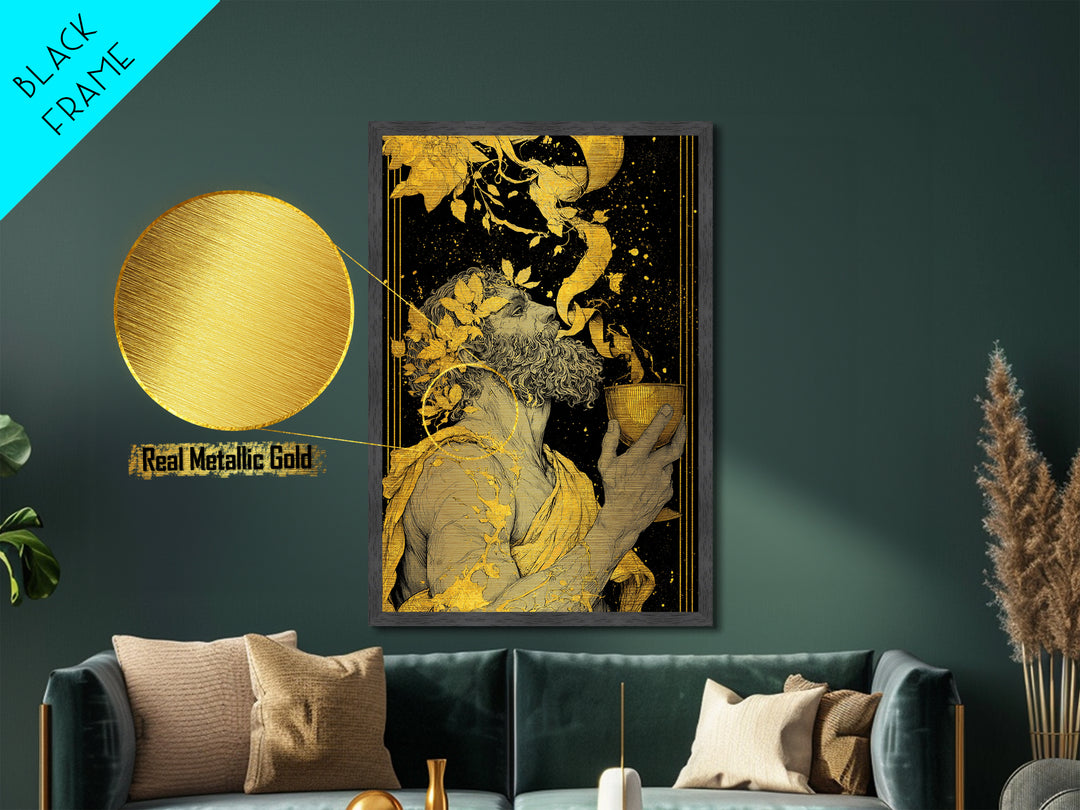 Bearded Dionysus Metallic Gold Metal Print, Greek Mythology Wine God Wall Art, Regal Luxury Decor With Real Wood Frame