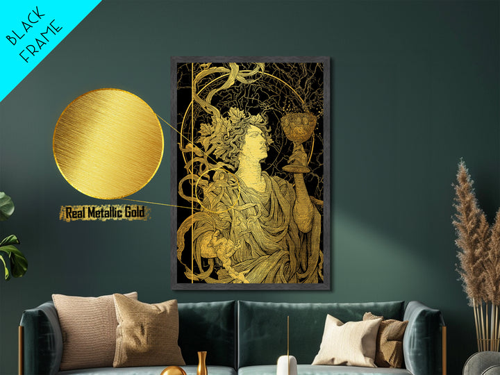Dionysus With Chalice Metallic Gold Metal Print, Ancient Greek God Art, Mythology Home Decor With Real Wood Frame
