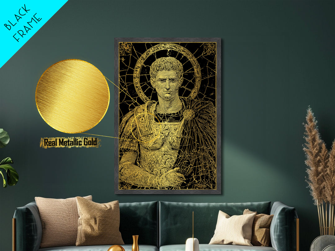 Augustus Caesar Metallic Gold Metal Print, Roman Emperor Portrait Wall Art, Ancient Regal Decor With Real Wood Frame