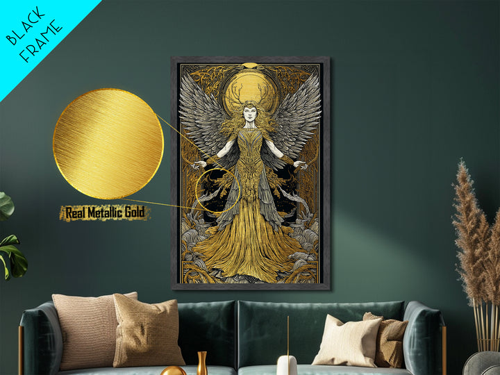 Mythical Winged Goddess Metallic Gold Metal Print, Fantasy Divine Woman Art, Ethereal Luxury Decor With Real Wood Frame