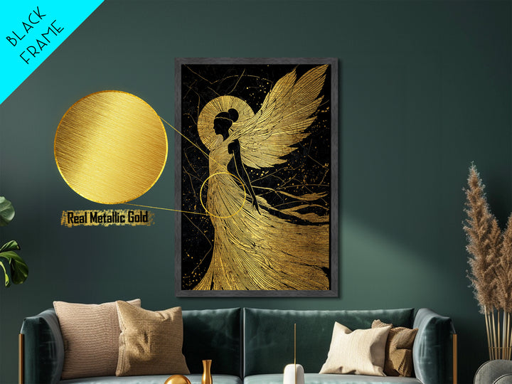 Golden Angelic Silhouette Metallic Gold Metal Print, Elegant Divine Figure Art, Celestial Decor With Real Wood Frame