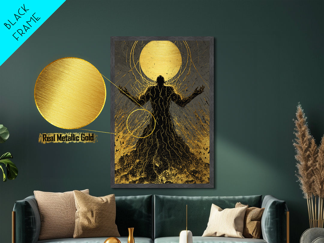 Cosmic Ascension Metallic Gold Metal Print, Abstract Silhouette Moon Art, Spiritual Mythology Decor With Real Wood Frame