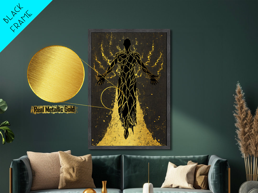 Radiant Ascension Metallic Gold Metal Print, Mythological Abstract Silhouette, Celestial Fantasy Wall Art, Real Wood Frame