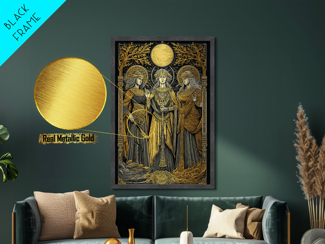 Three Goddesses Mythological Metallic Gold Metal Print, Greek Goddess Wall Art, Sacred Feminine Decorative Art, Real Wood Frame