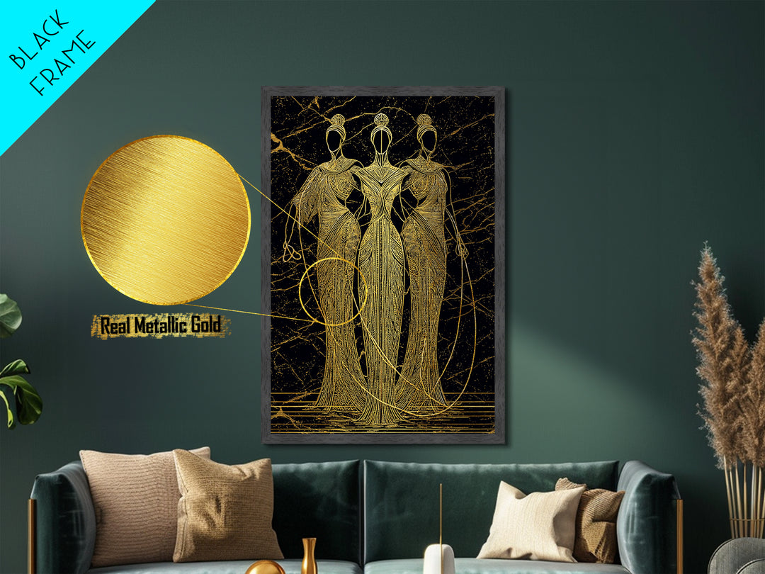 The Fates Mythological Metallic Gold Metal Print, Destiny Goddess Wall Art, Greek Myth Symbolism, Elegant Decor, Real Wood Frame