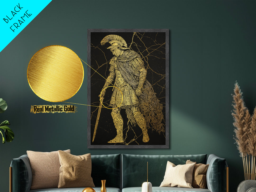 Mythical Roman Soldier Metallic Gold Metal Print, Ancient Gladiator Wall Art, Warrior Decorative Art, Real Wood Frame