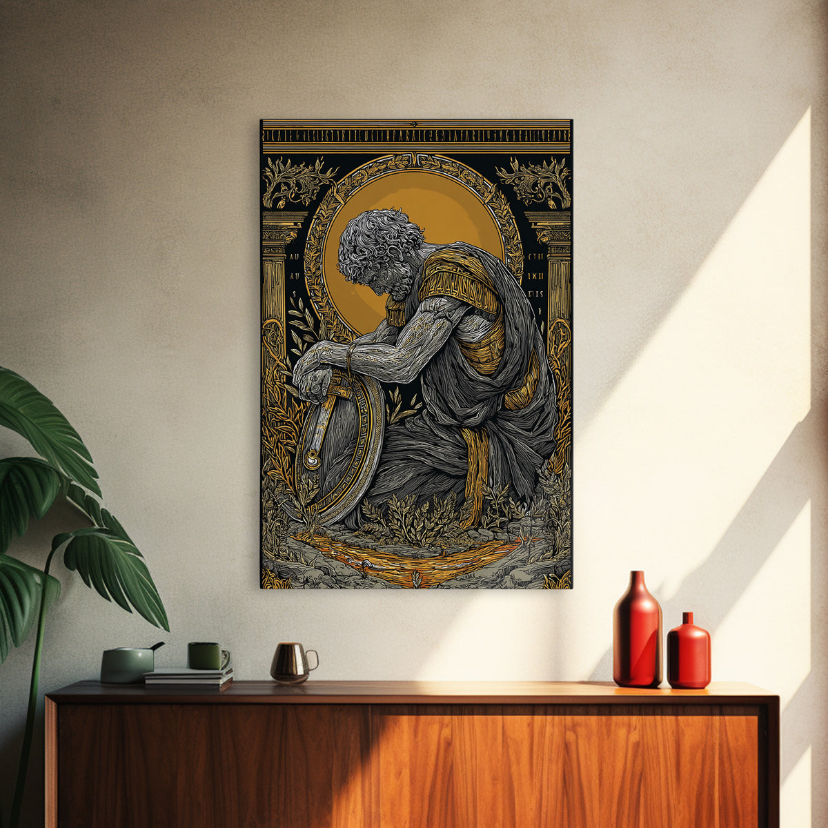 Kneeling Roman Soldier With Shield, Canvas Gold Art, Mythology Inspired Print, Ancient History Wall Decor, Real Wood Frame