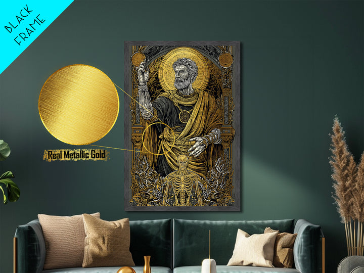 Ancient Philosopher With Skeleton, Metallic Gold Metal Print, Mythology Wall Art, Classical History Artwork, Real Wood Frame