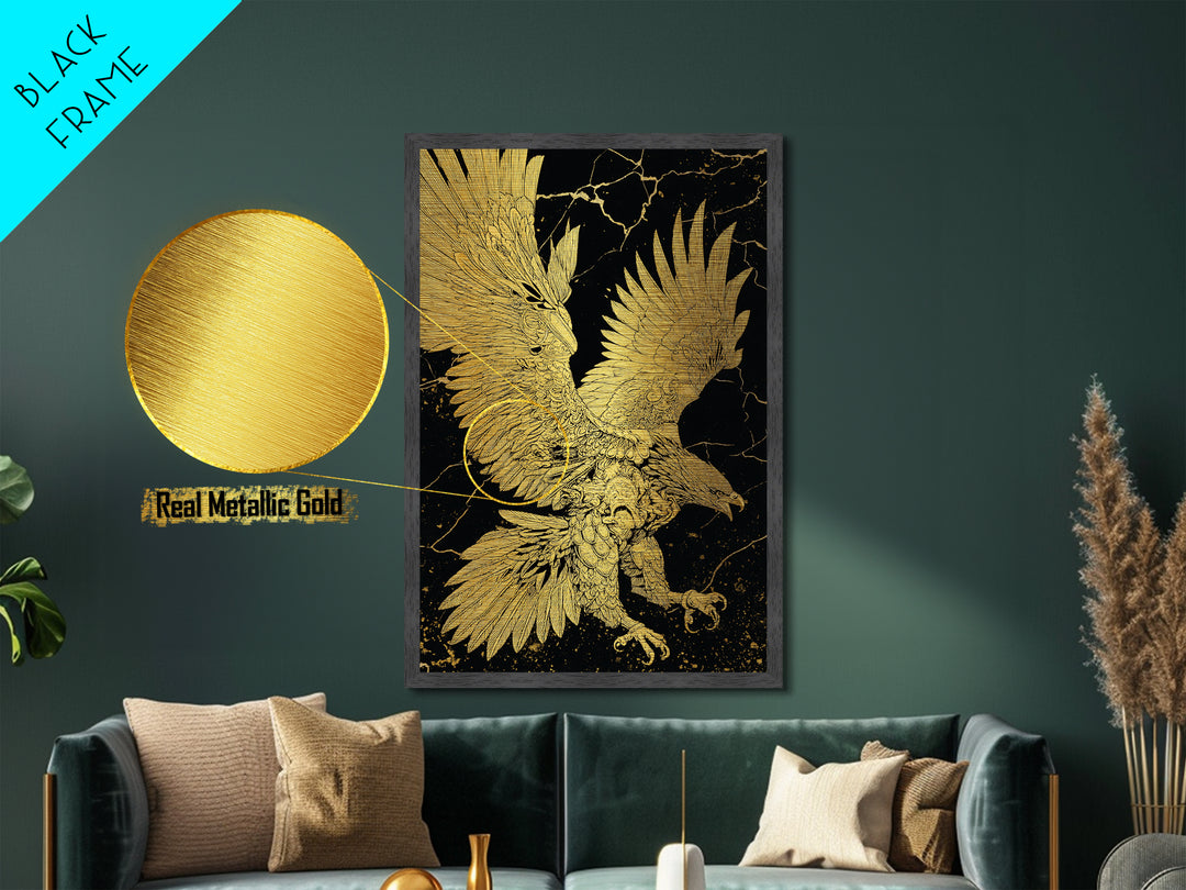 Majestic Eagle In Flight, Metallic Gold Art, Mythology Inspired Bird Print, Ancient Symbol Wall Decor, Luxury Real Wood Frame