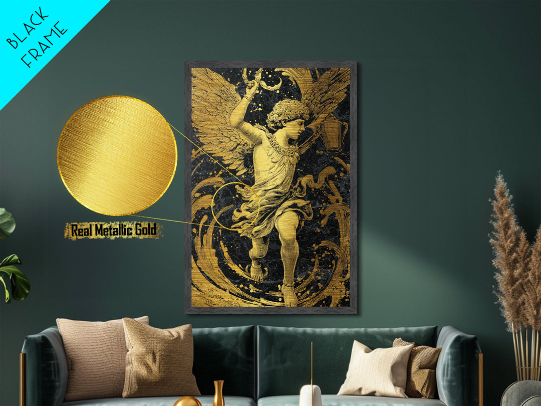 Winged Angel With Water Vessel, Metallic Gold Metal Print, Mythology Inspired Artwork, Ancient Classical Decor, Real Wood Frame