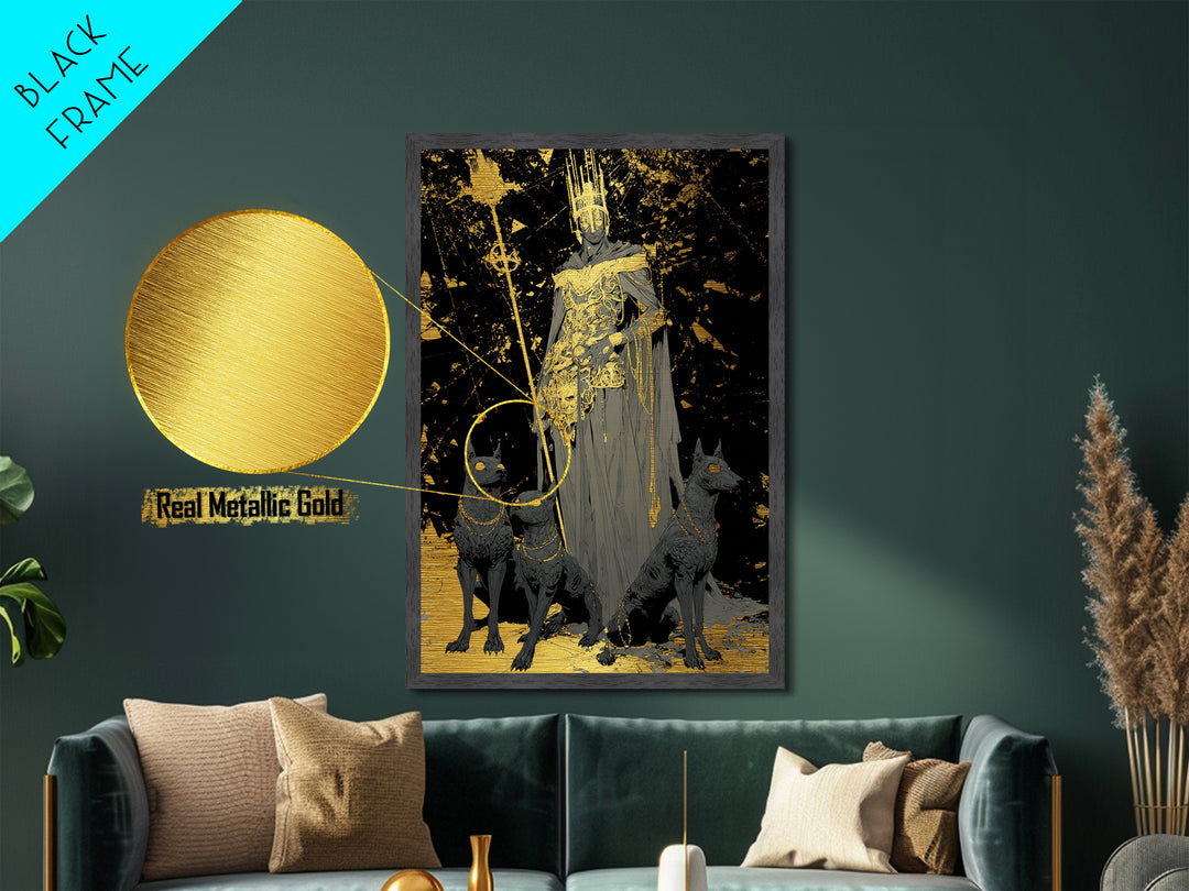 Dark King With Hounds, Metallic Gold Art, Mythology Inspired Metal Print, Ancient Underworld Wall Artwork, Real Wood Frame