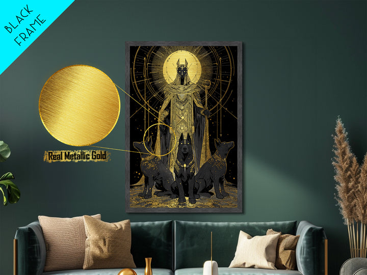 Anubis With Sacred Hounds, Metallic Gold Art, Mythology Inspired Metal Print, Egyptian God Wall Artwork, Real Wood Frame