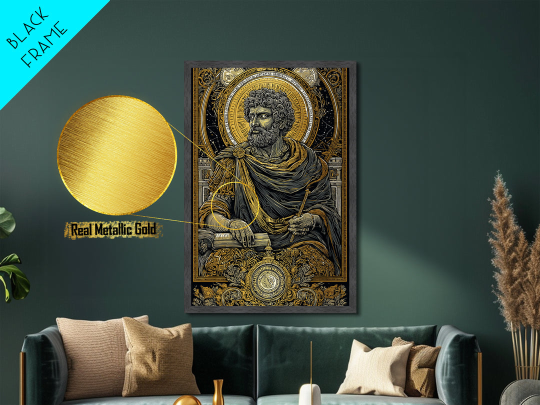 Roman Emperor Study Metallic Gold Metal Print, Classical Greek God Art, Luxurious Mythology Wall Decor, Real Wood Frame