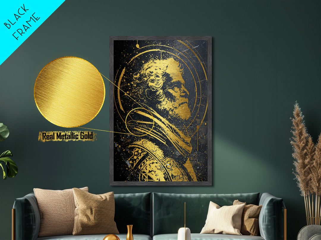 Stoic Elder Portrait Metallic Gold Metal Print, Greek Philosopher Wall Art, Abstract Ancient Decor, Real Wood Frame