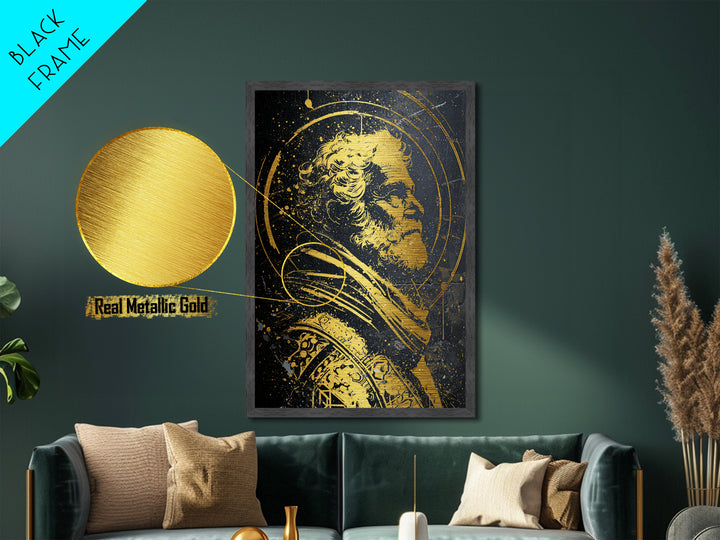 Stoic Elder Portrait Metallic Gold Metal Print, Greek Philosopher Wall Art, Abstract Ancient Decor, Real Wood Frame