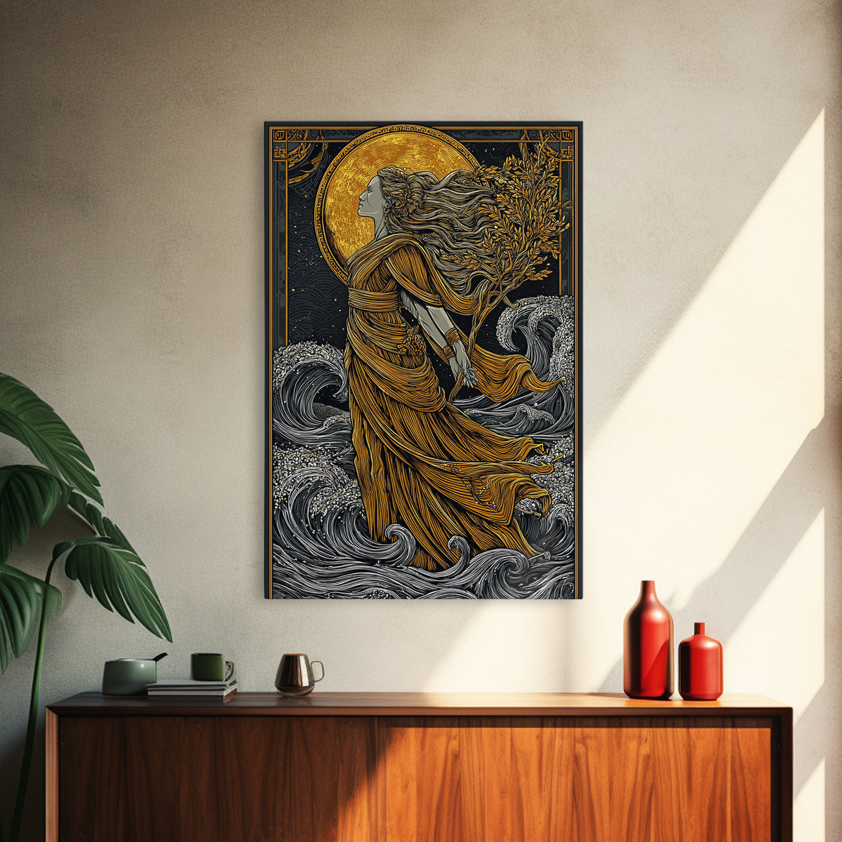 Moonlit Goddess Canvas Gold Canvas Print, Flowing Mythology Wall Art, Timeless Greek Fantasy Decor, Real Wood Frame