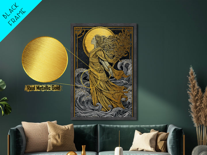 Moonlit Goddess Metallic Gold Metal Print, Flowing Mythology Wall Art, Timeless Greek Fantasy Decor, Real Wood Frame