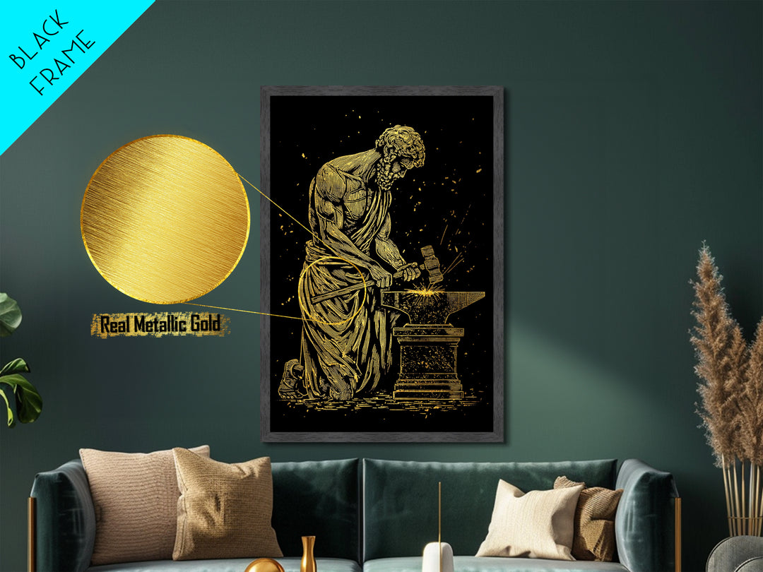 Hephaestus At Forge Metallic Gold Metal Print, Greek God Blacksmith Art, Strong Mythology Wall Decor, Real Wood Frame