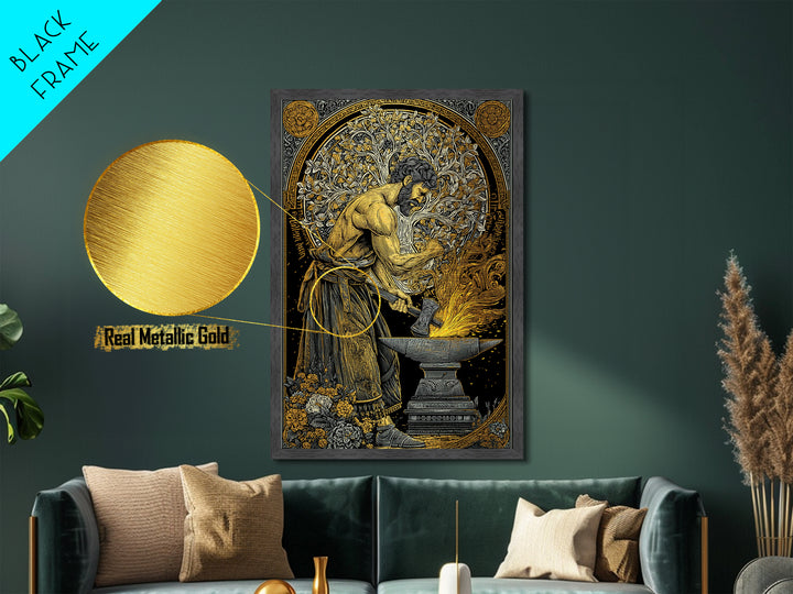 Mythical Forge Master Metallic Gold Metal Print, Ancient Greek Hephaestus Art, Dramatic Mythology Wall Decor, Real Wood Frame