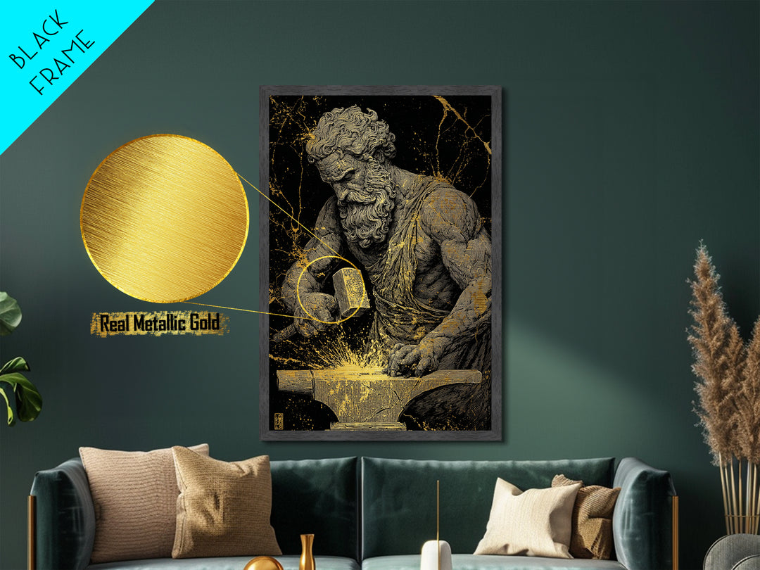 Greek God At Anvil Metallic Gold Metal Print, Mythological Hephaestus Art, Classic Blacksmith Wall Decor, Real Wood Frame