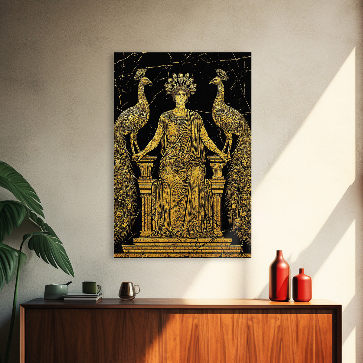 Greek Goddess Hera With Peacocks Canvas Gold Canvas Print, Mythology Wall Art, Luxury Wood Framed Art Decor