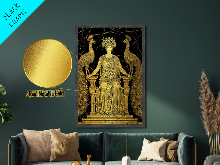 Greek Goddess Hera With Peacocks Metallic Gold Metal Print, Mythology Wall Art, Luxury Wood Framed Art Decor