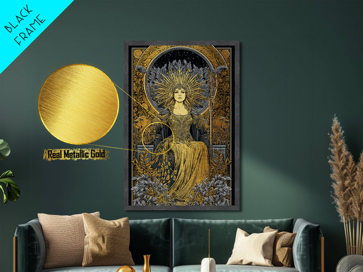 Greek Goddess Hera Throne Metallic Gold Metal Print, Mythology Wall Art, Divine Regal Decor, Real Wood Frame Artwork