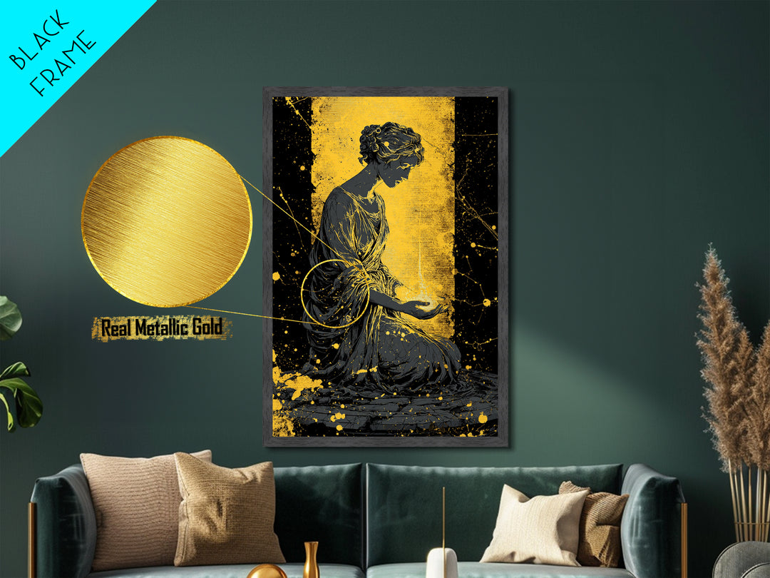 Greek Goddess Hestia With Flame Metallic Gold Metal Print, Ancient Mythology Wall Art, Real Wood Frame Home Decor