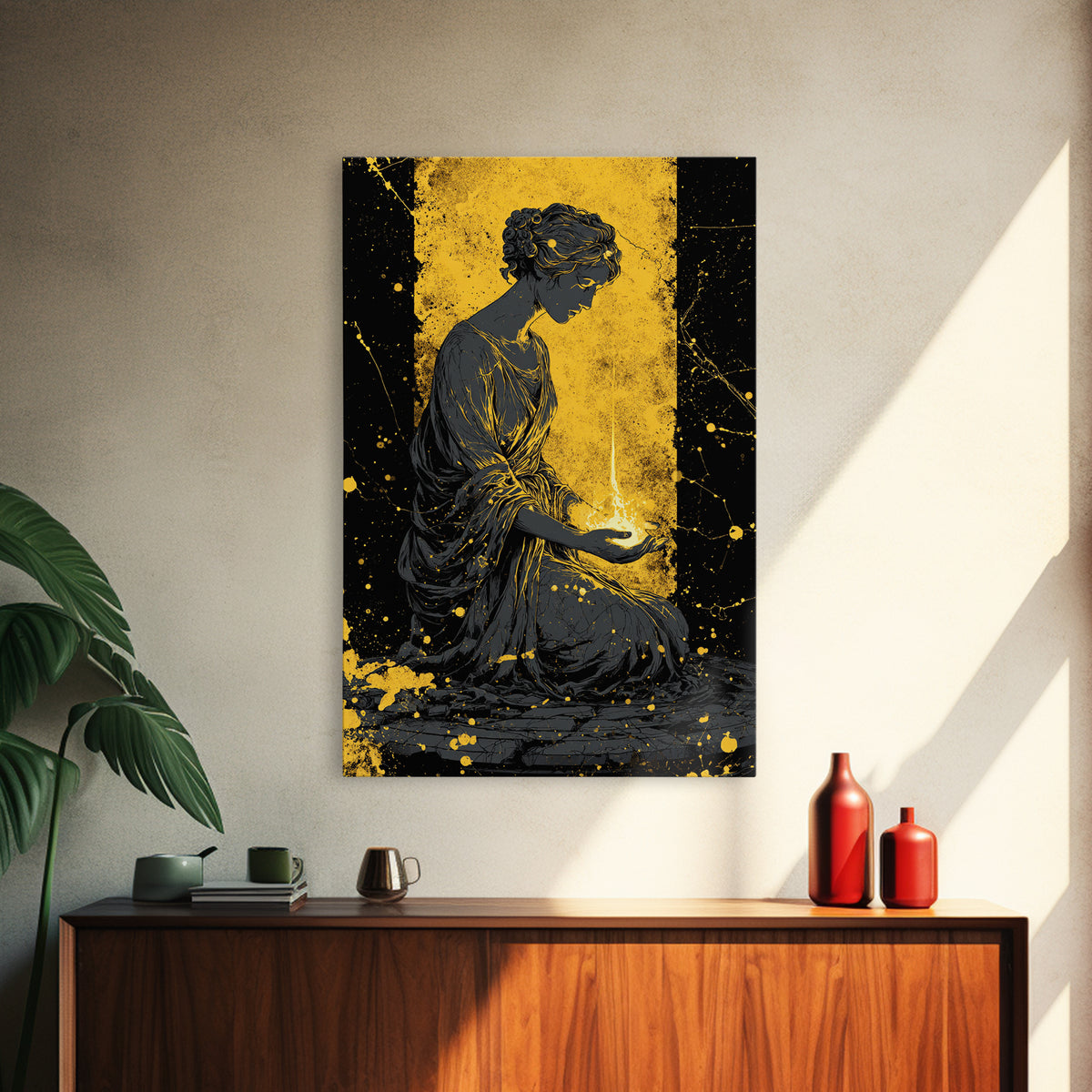 Greek Goddess Hestia With Flame Canvas Gold Canvas Print, Ancient Mythology Wall Art, Real Wood Frame Home Decor