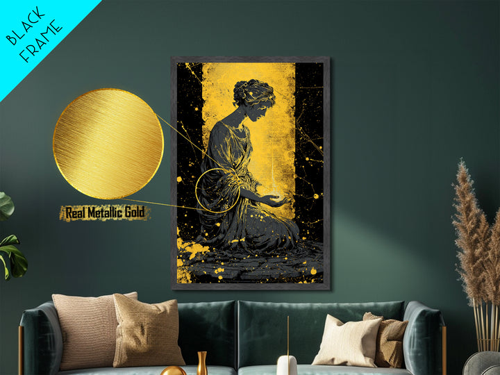 Greek Goddess Hestia With Flame Metallic Gold Metal Print, Ancient Mythology Wall Art, Real Wood Frame Home Decor