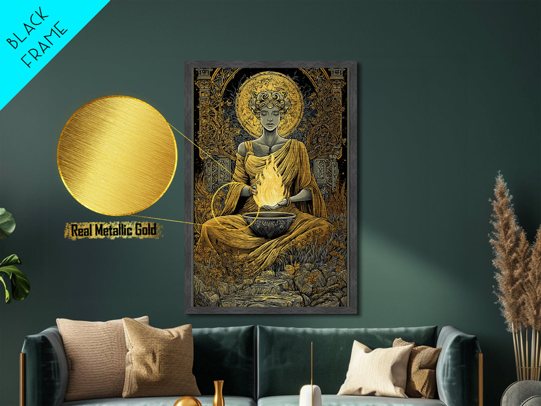 Hestia Goddess Of The Hearth Metallic Gold Metal Print, Divine Fire Wall Art, Mythology Inspired Decor, Wood Frame Print