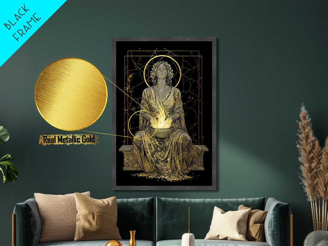 Sacred Flame Hestia Metallic Gold Metal Print, Greek Goddess Wall Art, Ancient Mythology Decor, Luxury Wood Frame Artwork