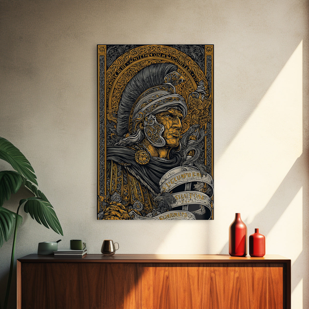 Canvas Gold Canvas Print, Warrior Helmet Roman Soldier Art, Ancient Military Wall Decor, Classical Artwork, Real Wood Frame