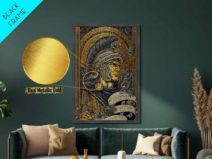 Metallic Gold Metal Print, Warrior Helmet Roman Soldier Art, Ancient Military Wall Decor, Classical Artwork, Real Wood Frame