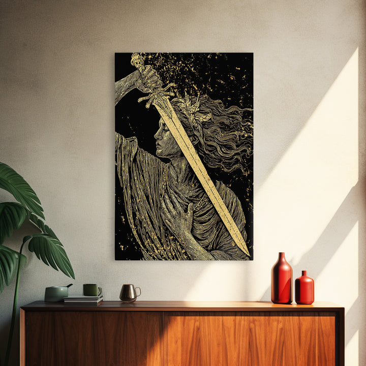 Canvas Gold Canvas Print, Goddess With Sword Art, Greek Mythology Warrior Wall Decor, Divine Strength Artwork, Real Wood Frame