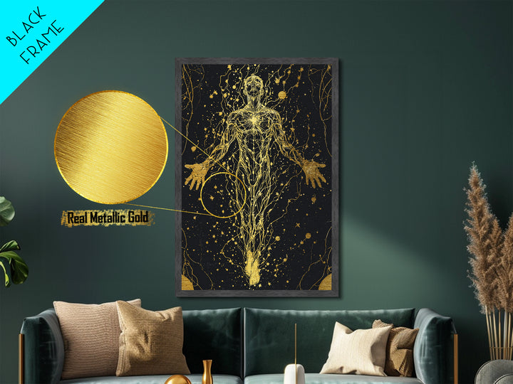 Metallic Gold Metal Print, Cosmic Human Energy Lines Art, Spiritual Awakening Wall Decor, Astral Mythology Artwork, Real Wood Frame
