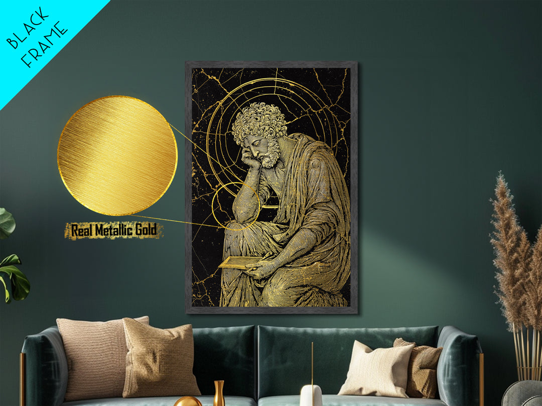 Metallic Gold Metal Print, Stoic Philosopher Sitting Art, Ancient Thinker Wall Decor, Roman Wisdom Artwork, Real Wood Frame