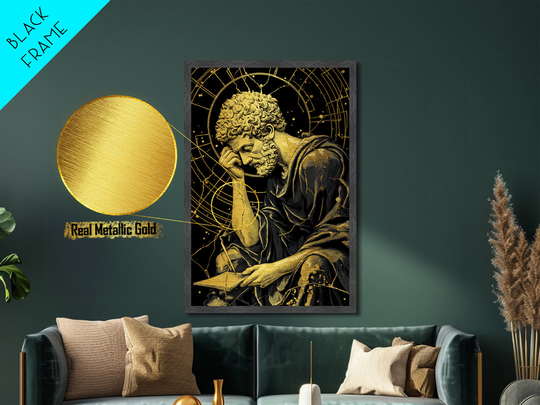 Metallic Gold Metal Print, Pensive Philosopher Study Art, Ancient Scholar Wall Decor, Roman Thinker Artwork, Real Wood Frame