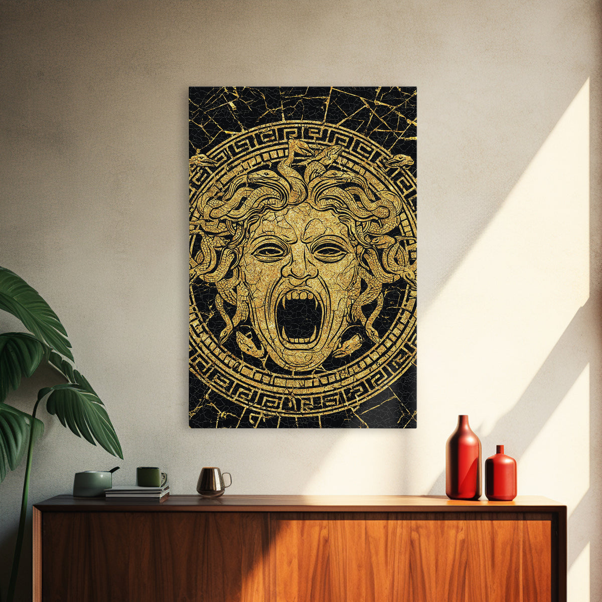 Medusa Head Canvas Gold Canvas Print, Mythology Wall Art, Snake Hair Monster Decor, Greek Legend Artwork, Real Wood Frame